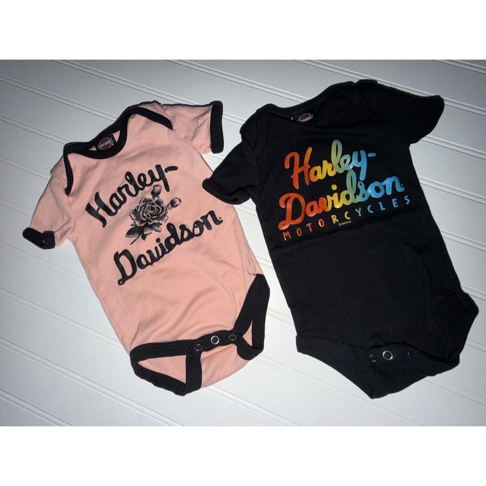 Harley Davidson Baby Bodysuit Set 6-9 Months Pink Rose Black Rainbow 2 Pack